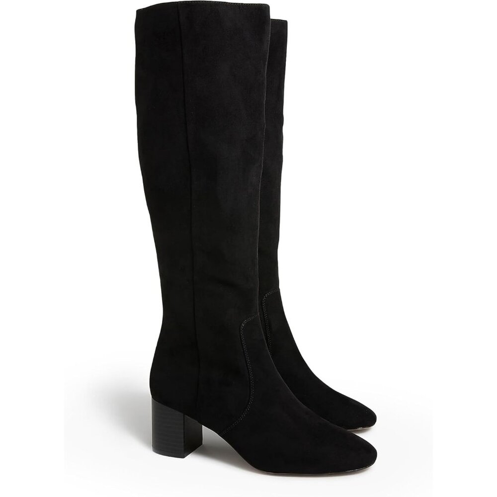 Women's Black Chunky Heel Knee High Boots Suede Round Toe Fall Winter Tall